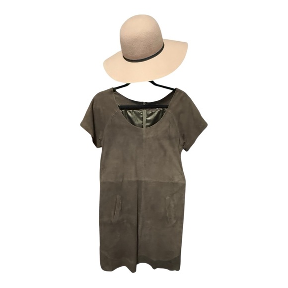 Sen Olive Green Goat Suede Shift Dress Neutral Size L Boho Cowgirl Luxury - Picture 3 of 7
